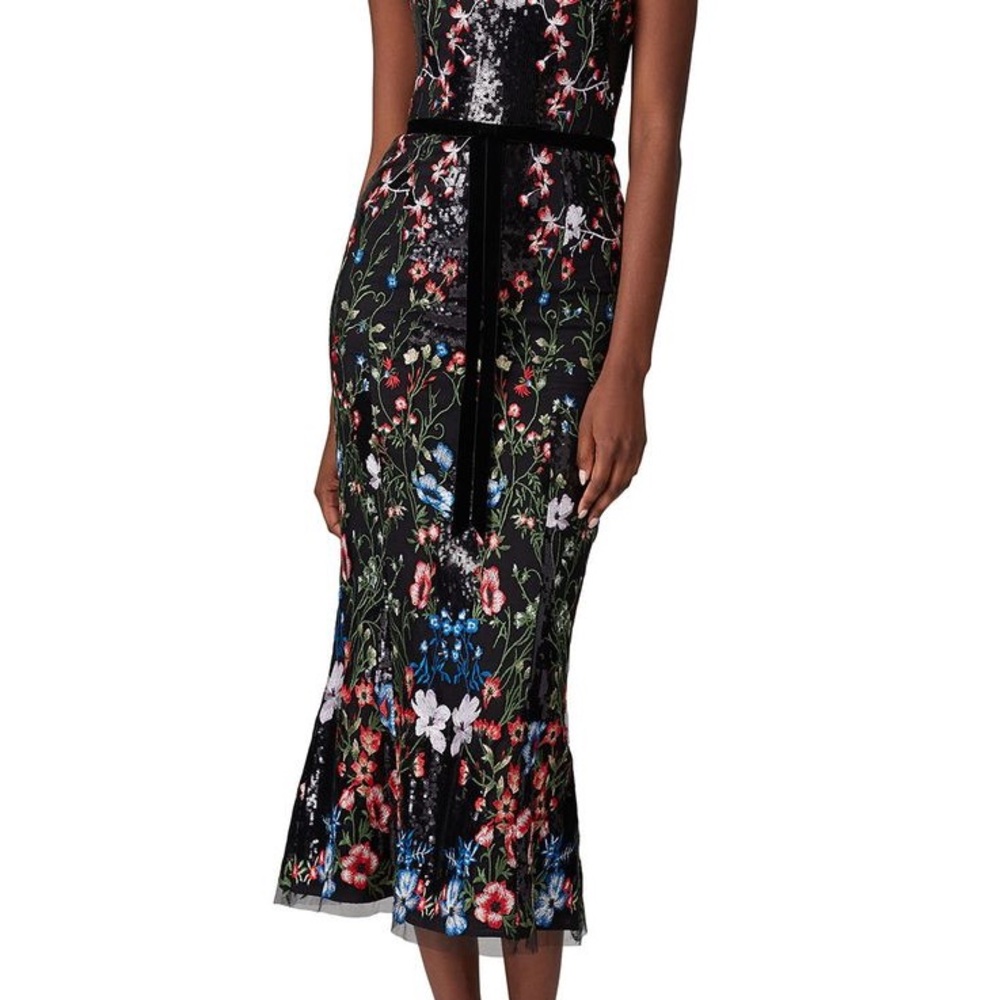 Marchesa Notte Floral Black Midi Dress Size 10